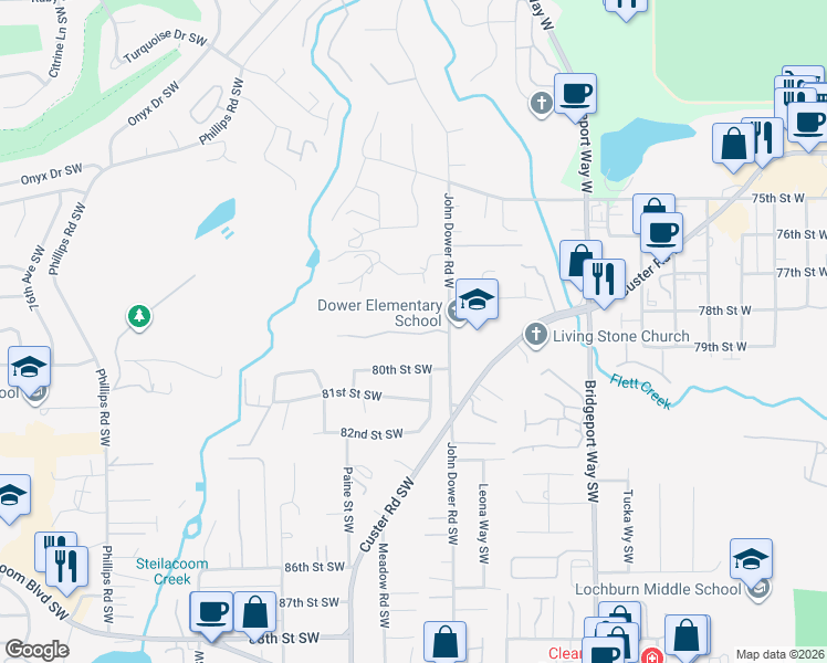 map of restaurants, bars, coffee shops, grocery stores, and more near 6512 79th Street West in Lakewood