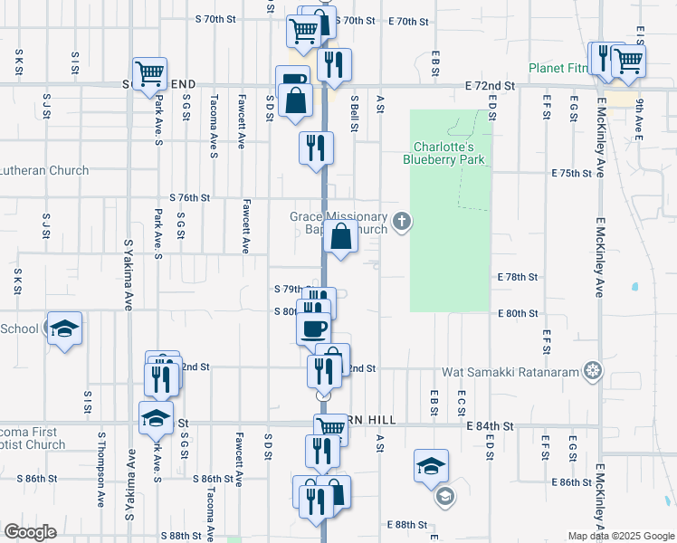 map of restaurants, bars, coffee shops, grocery stores, and more near 7823 Pacific Avenue in Tacoma