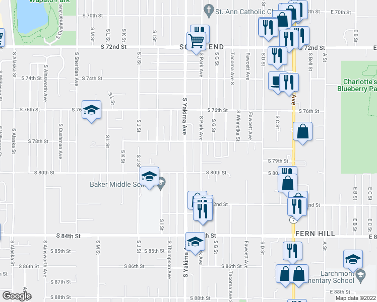 map of restaurants, bars, coffee shops, grocery stores, and more near 7813 South Yakima Avenue in Tacoma