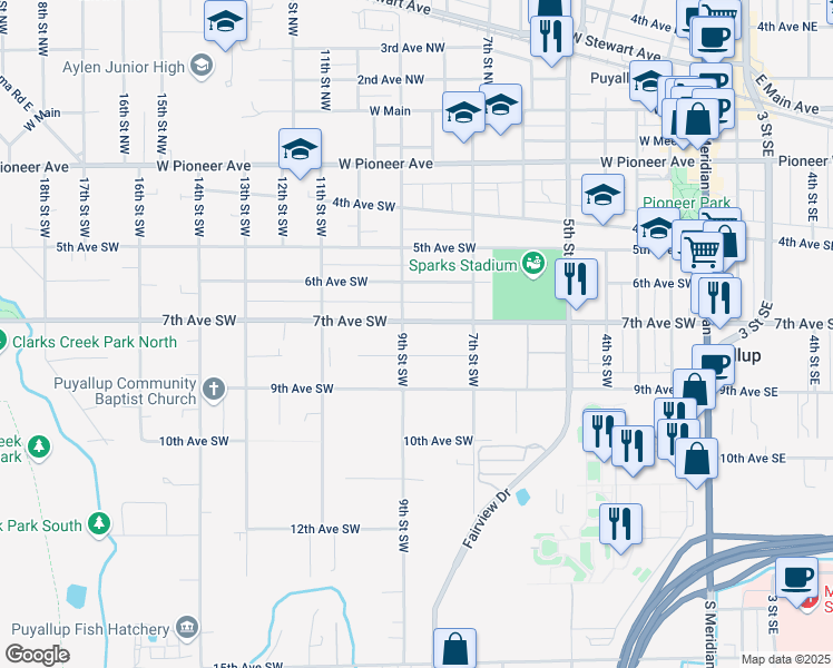 map of restaurants, bars, coffee shops, grocery stores, and more near 720 9th Street Southwest in Puyallup