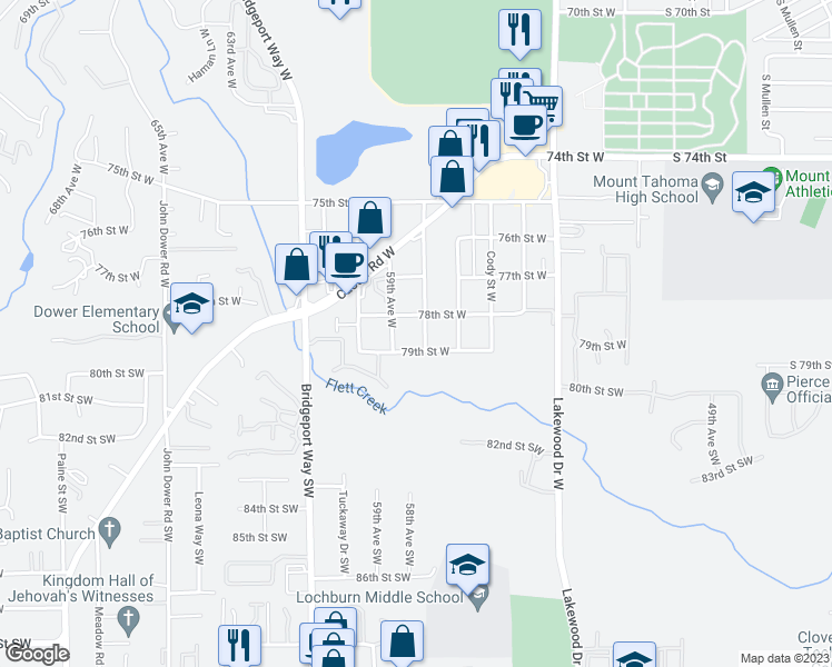map of restaurants, bars, coffee shops, grocery stores, and more near 7810 Burgess Avenue West in Lakewood