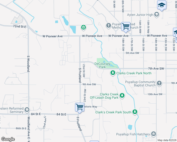 map of restaurants, bars, coffee shops, grocery stores, and more near 745 22nd Street Southwest in Puyallup