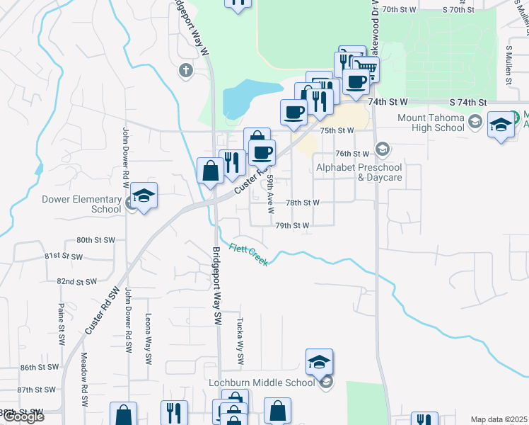 map of restaurants, bars, coffee shops, grocery stores, and more near 5907 79th Street West in Lakewood