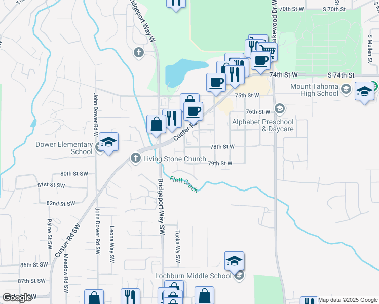 map of restaurants, bars, coffee shops, grocery stores, and more near 5907 79th Street West in Lakewood
