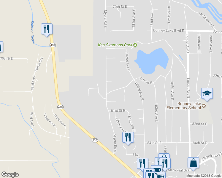 map of restaurants, bars, coffee shops, grocery stores, and more near 7616 Myers Road East in Bonney Lake