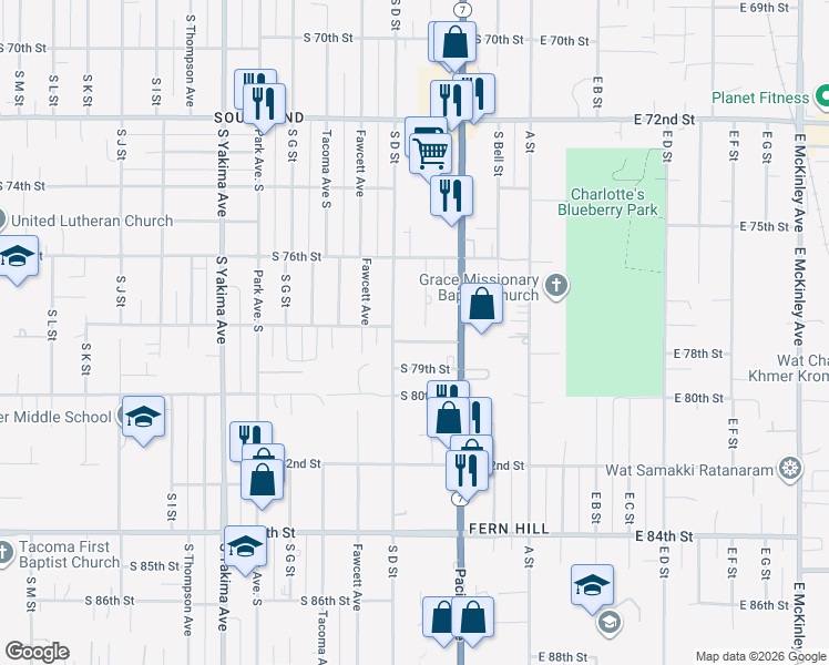 map of restaurants, bars, coffee shops, grocery stores, and more near 7638 South C Street in Tacoma