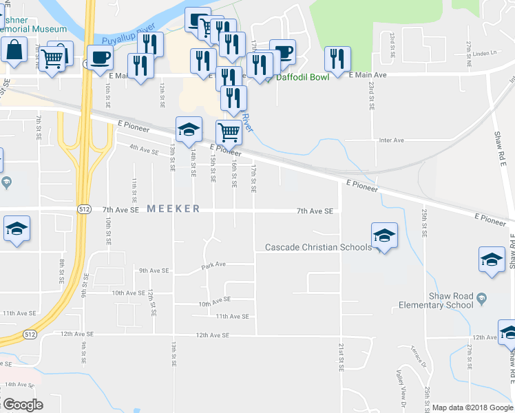 map of restaurants, bars, coffee shops, grocery stores, and more near 628 17th Street Southeast in Puyallup
