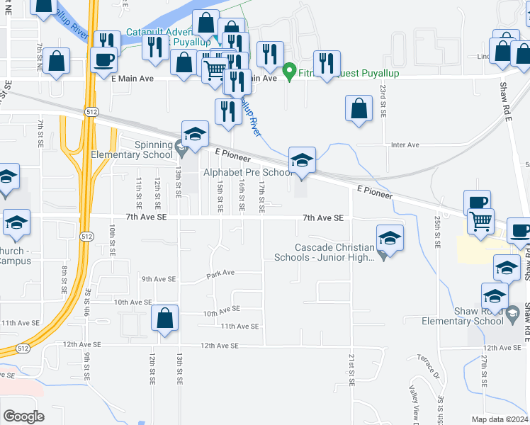 map of restaurants, bars, coffee shops, grocery stores, and more near 635 17th Street Southeast in Puyallup