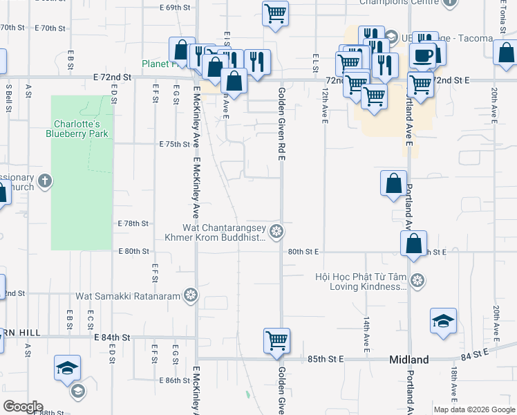 map of restaurants, bars, coffee shops, grocery stores, and more near 7704 Golden Given Road East in Tacoma