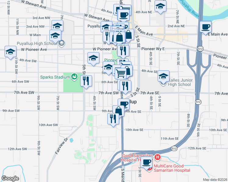 map of restaurants, bars, coffee shops, grocery stores, and more near 605 2nd Street Southwest in Puyallup