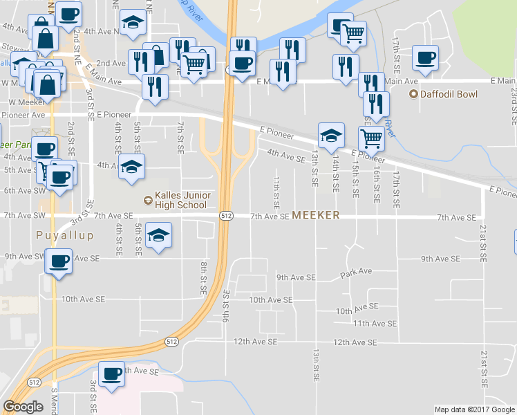 map of restaurants, bars, coffee shops, grocery stores, and more near 621 10th Street Southeast in Puyallup