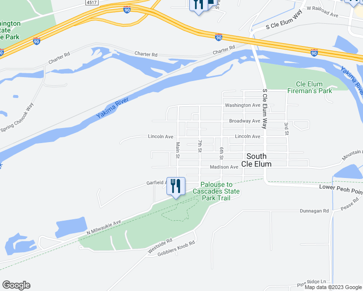 map of restaurants, bars, coffee shops, grocery stores, and more near 523 Main Street in South Cle Elum