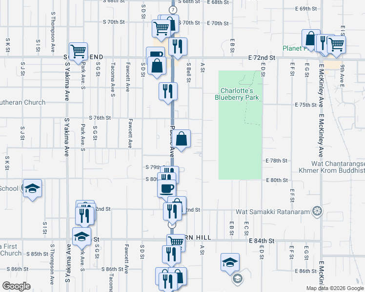 map of restaurants, bars, coffee shops, grocery stores, and more near 7637 Pacific Avenue in Tacoma