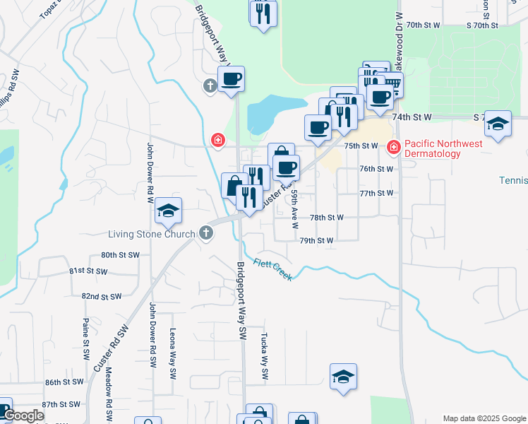 map of restaurants, bars, coffee shops, grocery stores, and more near 7711 Custer Road West in Lakewood