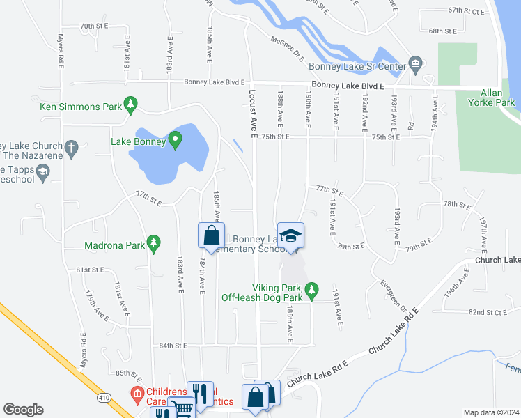 map of restaurants, bars, coffee shops, grocery stores, and more near 7714 Locust Avenue East in Bonney Lake