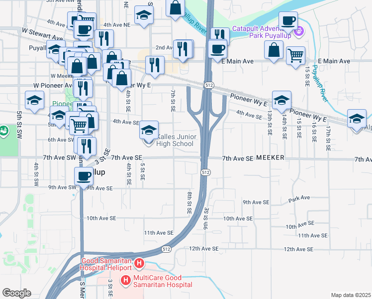 map of restaurants, bars, coffee shops, grocery stores, and more near 617 7th Street Southeast in Puyallup