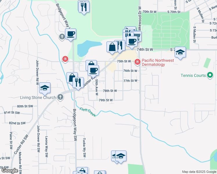 map of restaurants, bars, coffee shops, grocery stores, and more near 7706 Burgess Avenue West in Lakewood