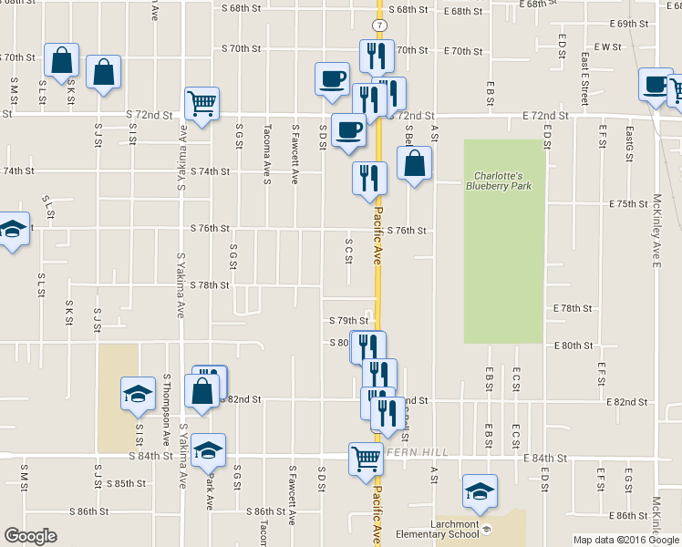 map of restaurants, bars, coffee shops, grocery stores, and more near 7638 South C Street in Tacoma