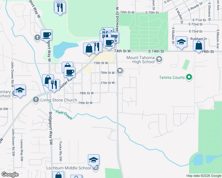 map of restaurants, bars, coffee shops, grocery stores, and more near 7711 Dean Street West in Lakewood