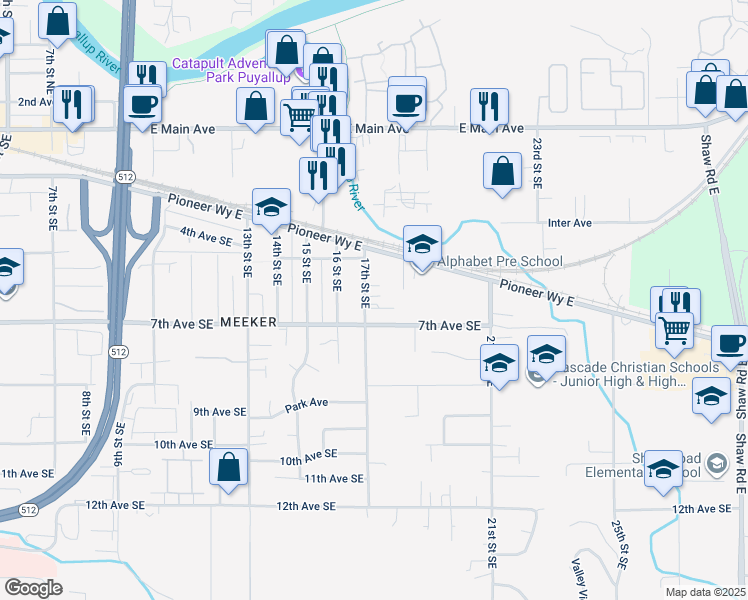 map of restaurants, bars, coffee shops, grocery stores, and more near 628 17th Street Southeast in Puyallup