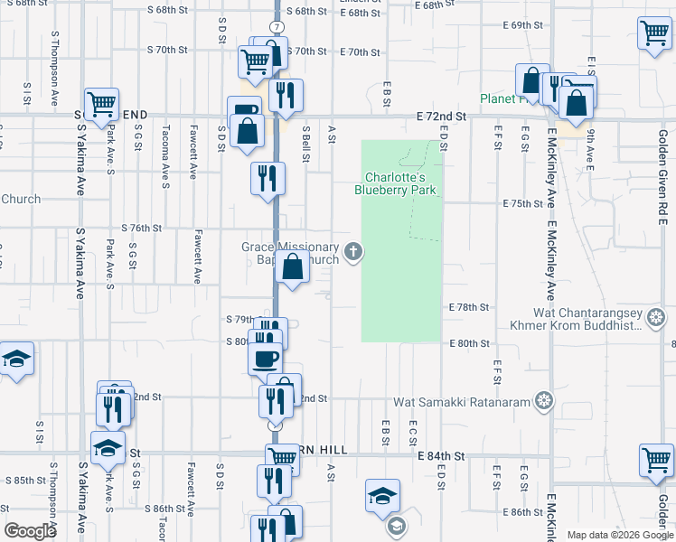 map of restaurants, bars, coffee shops, grocery stores, and more near 7638 A Street in Tacoma