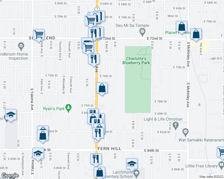 map of restaurants, bars, coffee shops, grocery stores, and more near 7638 A Street in Tacoma