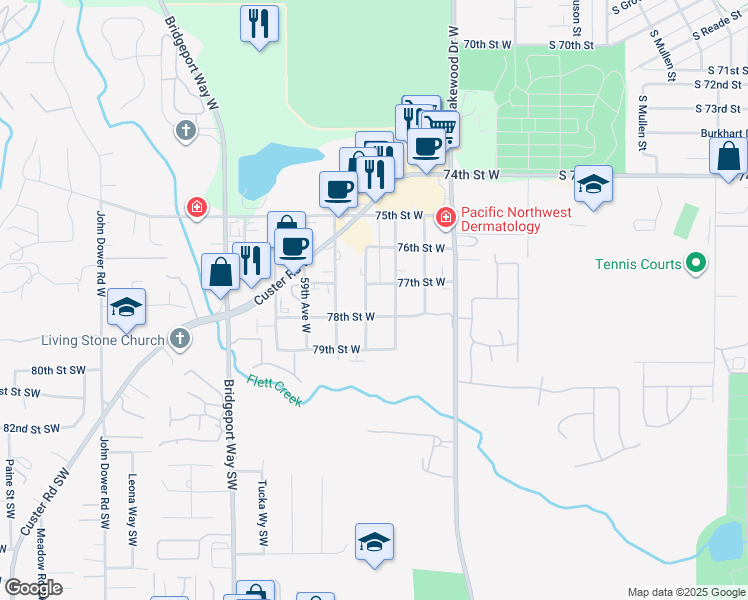 map of restaurants, bars, coffee shops, grocery stores, and more near 7704 Douglas Street West in Lakewood