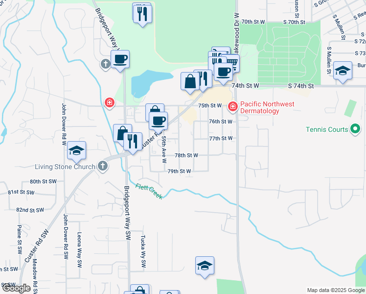 map of restaurants, bars, coffee shops, grocery stores, and more near 7706 Burgess Avenue West in Lakewood