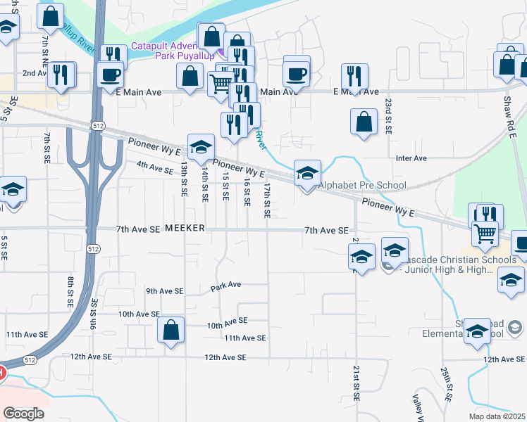 map of restaurants, bars, coffee shops, grocery stores, and more near 628 17th Street Southeast in Puyallup