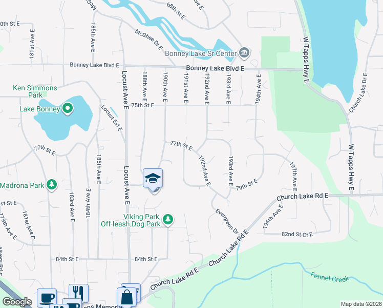 map of restaurants, bars, coffee shops, grocery stores, and more near 19103 77th Street East in Bonney Lake