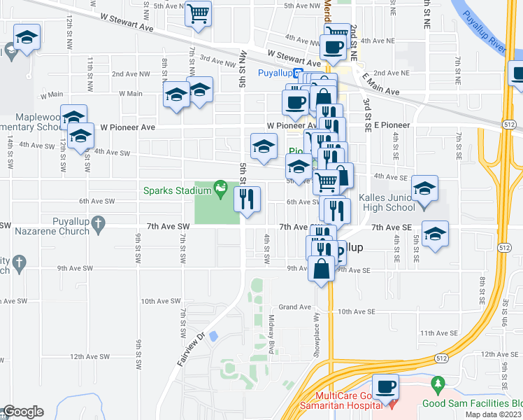 map of restaurants, bars, coffee shops, grocery stores, and more near 606 4th Street Southwest in Puyallup