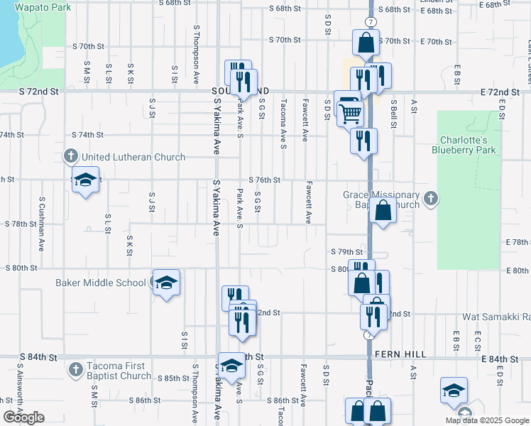 map of restaurants, bars, coffee shops, grocery stores, and more near 7633 South G Street in Tacoma