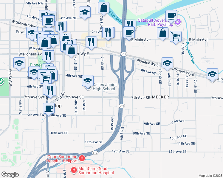 map of restaurants, bars, coffee shops, grocery stores, and more near 728 Marion Lane Southeast in Puyallup