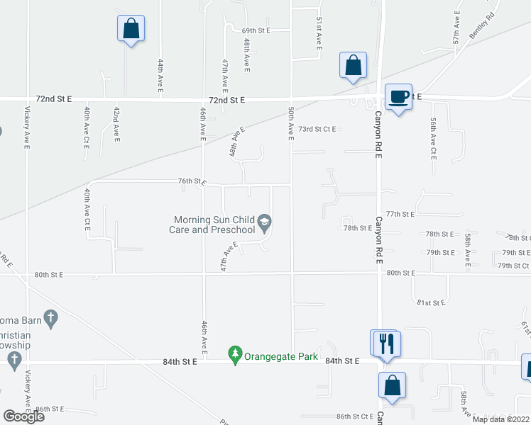 map of restaurants, bars, coffee shops, grocery stores, and more near 7710 49th Avenue East in Tacoma