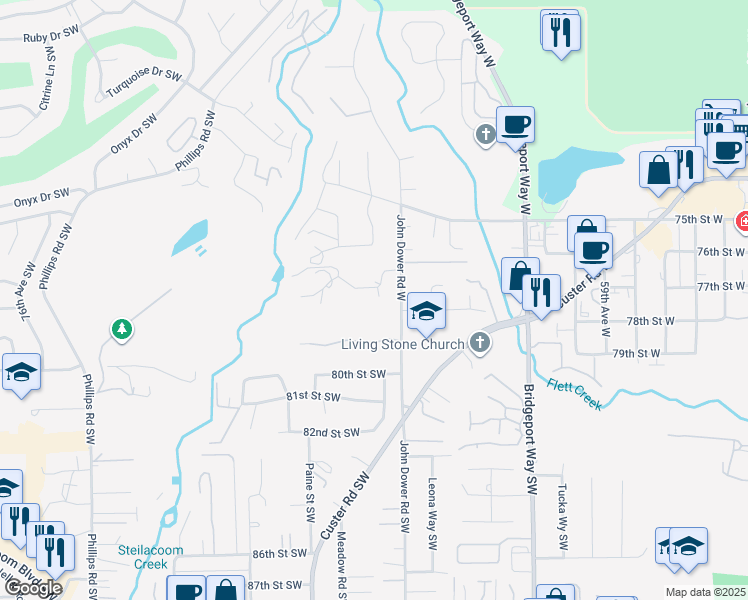 map of restaurants, bars, coffee shops, grocery stores, and more near 6520 77th Street West in Tacoma