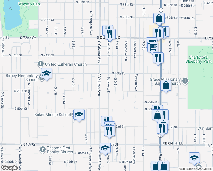 map of restaurants, bars, coffee shops, grocery stores, and more near 7642 South Park Avenue in Tacoma