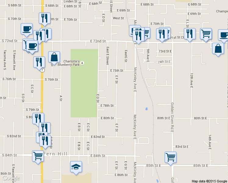 map of restaurants, bars, coffee shops, grocery stores, and more near 7558 East F Street in Tacoma