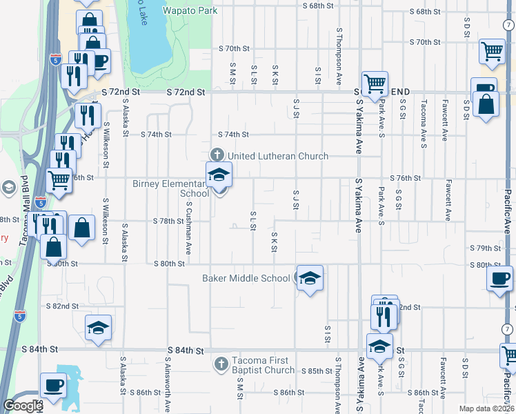 map of restaurants, bars, coffee shops, grocery stores, and more near 7701 South L Street in Tacoma