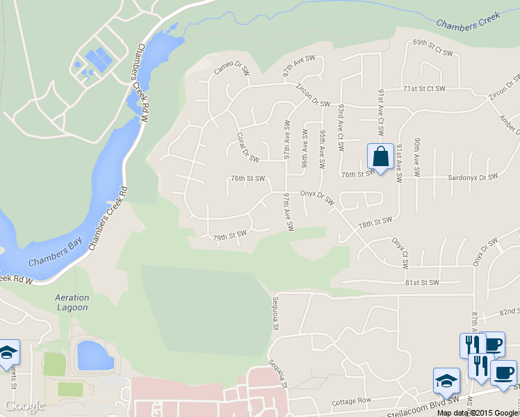 map of restaurants, bars, coffee shops, grocery stores, and more near 9722 Onyx Drive Southwest in Tacoma