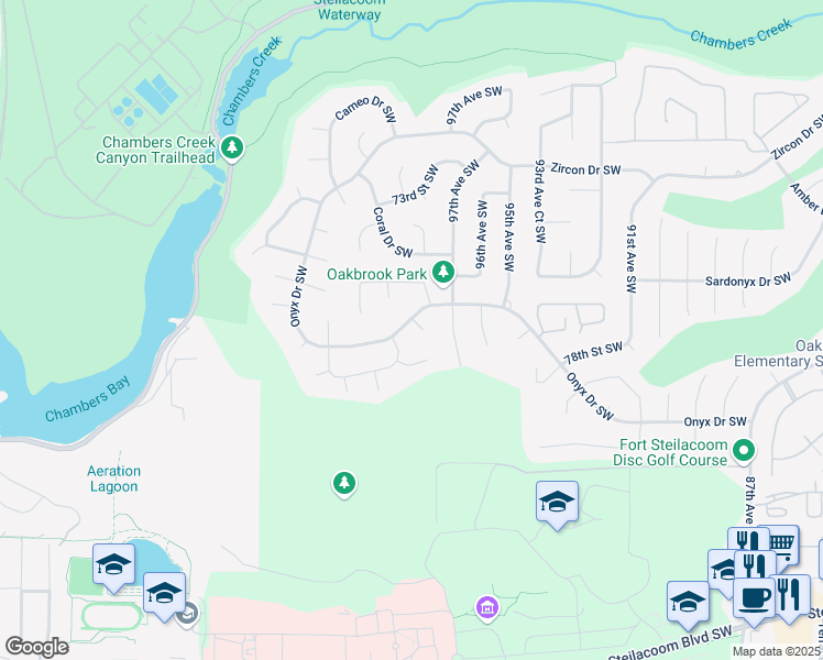 map of restaurants, bars, coffee shops, grocery stores, and more near 9722 Onyx Drive Southwest in Tacoma