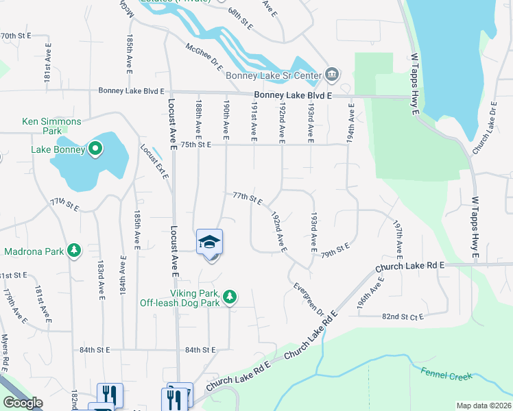 map of restaurants, bars, coffee shops, grocery stores, and more near 19103 77th Street East in Bonney Lake