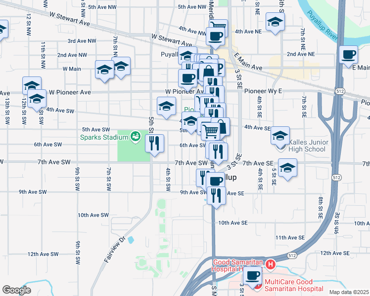 map of restaurants, bars, coffee shops, grocery stores, and more near 601 3rd Street Southwest in Puyallup