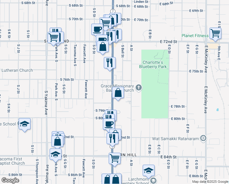 map of restaurants, bars, coffee shops, grocery stores, and more near 7630 Pacific Avenue in Tacoma