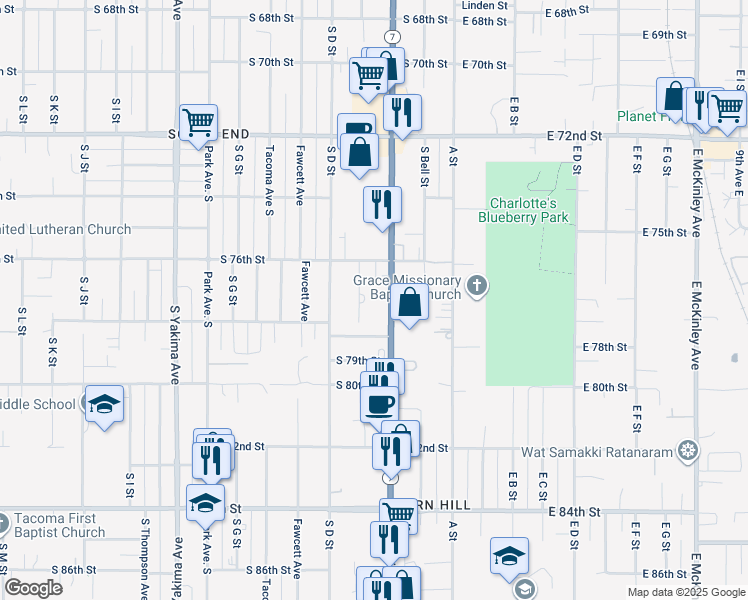 map of restaurants, bars, coffee shops, grocery stores, and more near 7630 Pacific Avenue in Tacoma