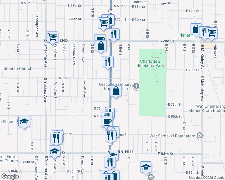 map of restaurants, bars, coffee shops, grocery stores, and more near 7630 Pacific Avenue in Tacoma