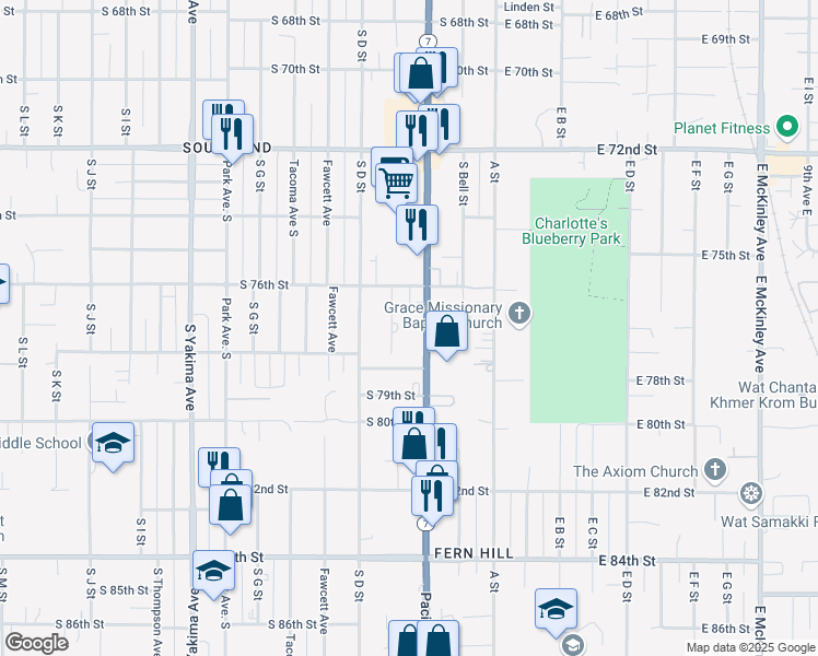 map of restaurants, bars, coffee shops, grocery stores, and more near 7630 Pacific Avenue in Tacoma