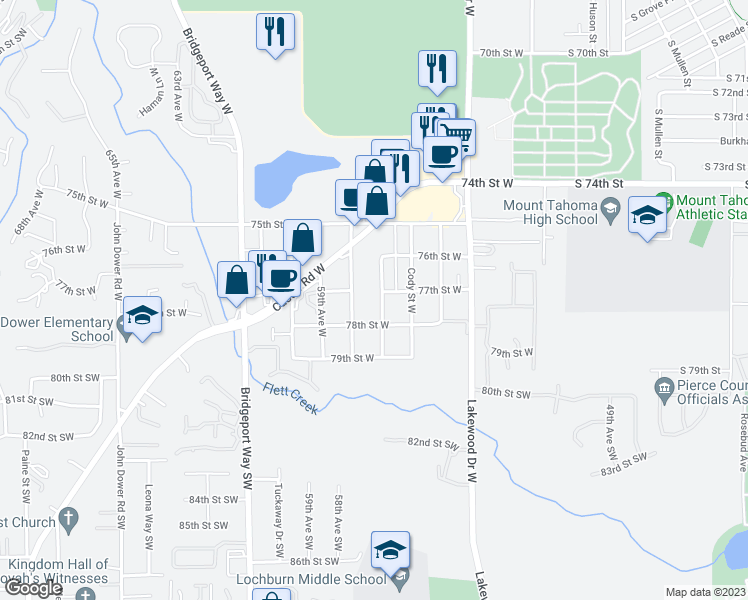 map of restaurants, bars, coffee shops, grocery stores, and more near 7704 Douglas Street West in Lakewood