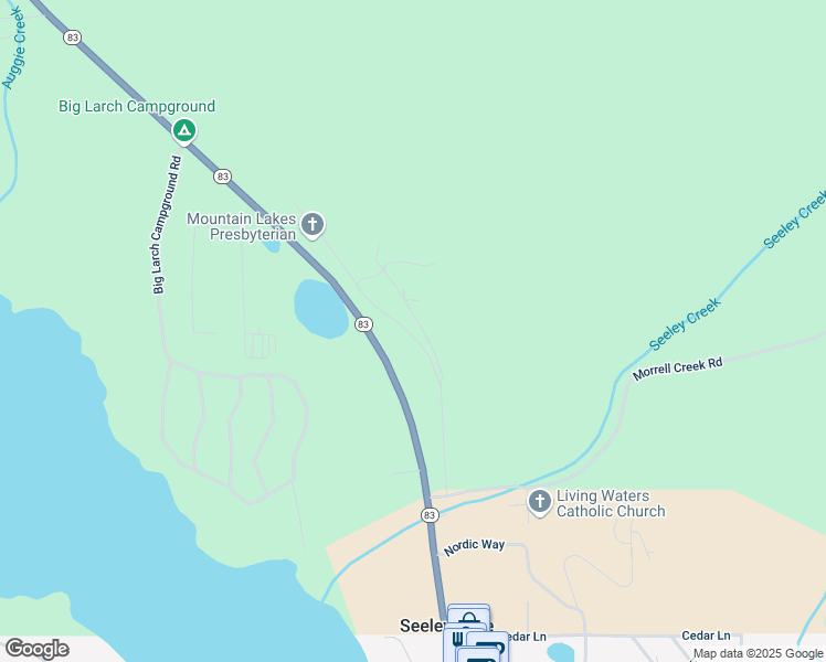 map of restaurants, bars, coffee shops, grocery stores, and more near 3583 Montana 83 in Seeley Lake