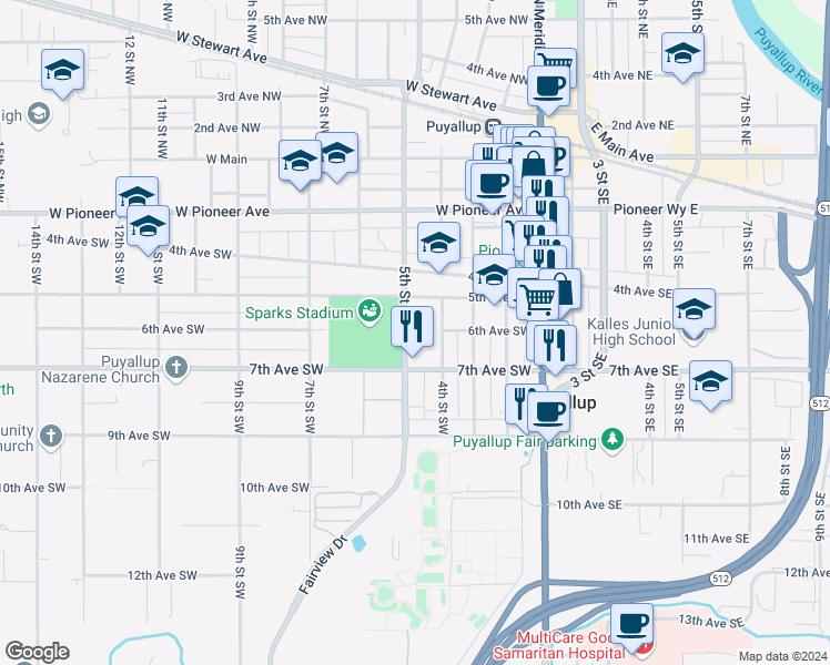 map of restaurants, bars, coffee shops, grocery stores, and more near 606 4th Street Southwest in Puyallup