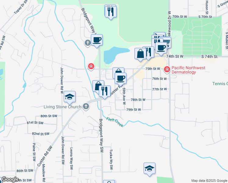 map of restaurants, bars, coffee shops, grocery stores, and more near 7711 Custer Road West in Lakewood
